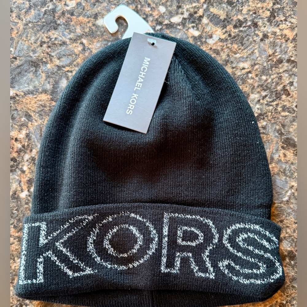 Michael Kors Black Knit Hat with Embroidered Logo